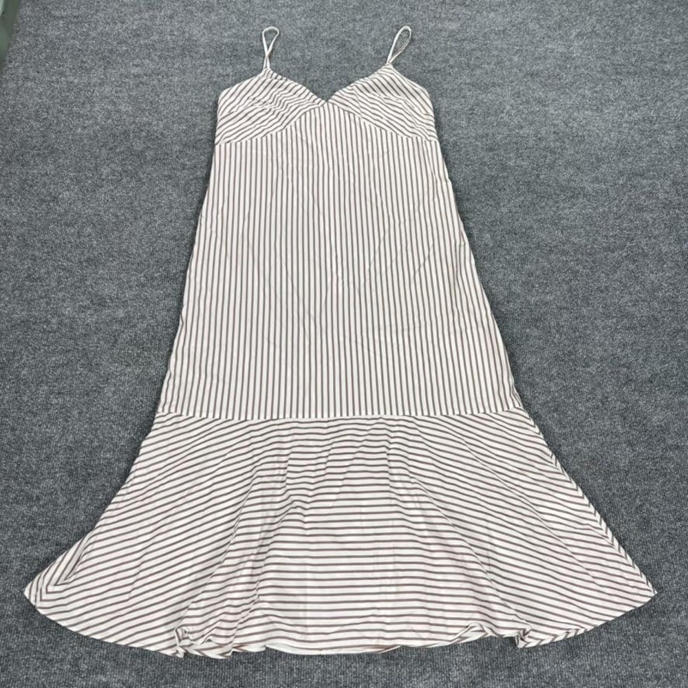 Club Monaco Dress‎ Womens 6 White Brown Stripe Strappy Midi Summer Flounce Hem